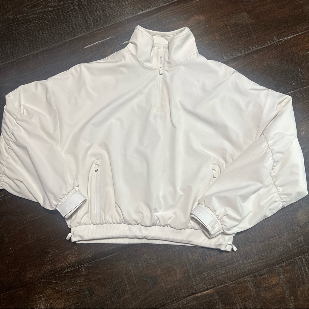 ALO Yoga Elevation Coverup 1/4 Zip Crop Fleece drawcord Hem Ivory No Tag Small? - Picture 2 of 11